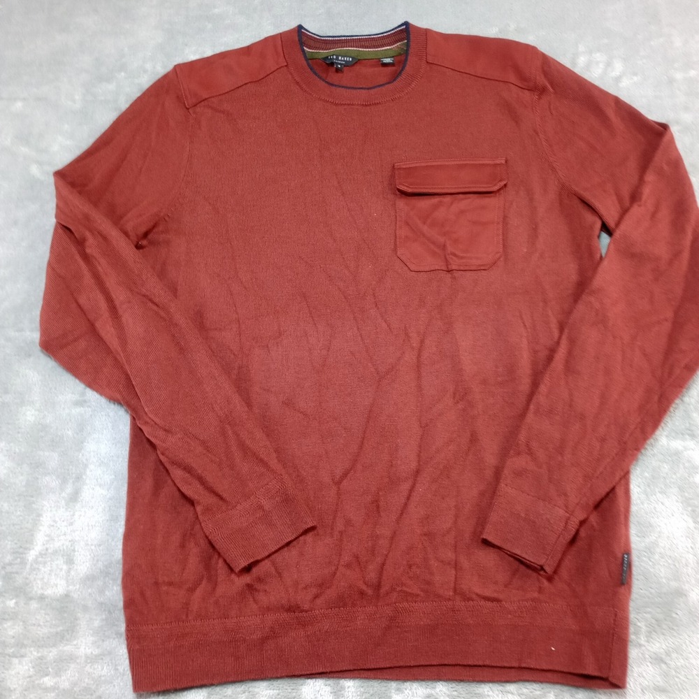 Ted Baker Sweater Mens Sz 3 Burnt‎ Orange Red Pullover Front Pocket Wool Blend